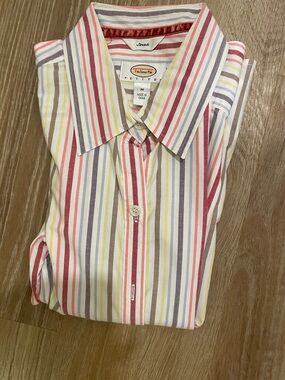 Talbots Striped Petite Button-Down in Pink, Yellow, Gray, Tan